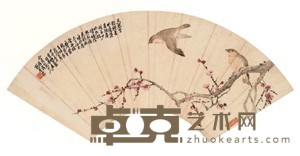 刘奎龄 1924年作 梅花小鸟 扇面镜心 19X54cm